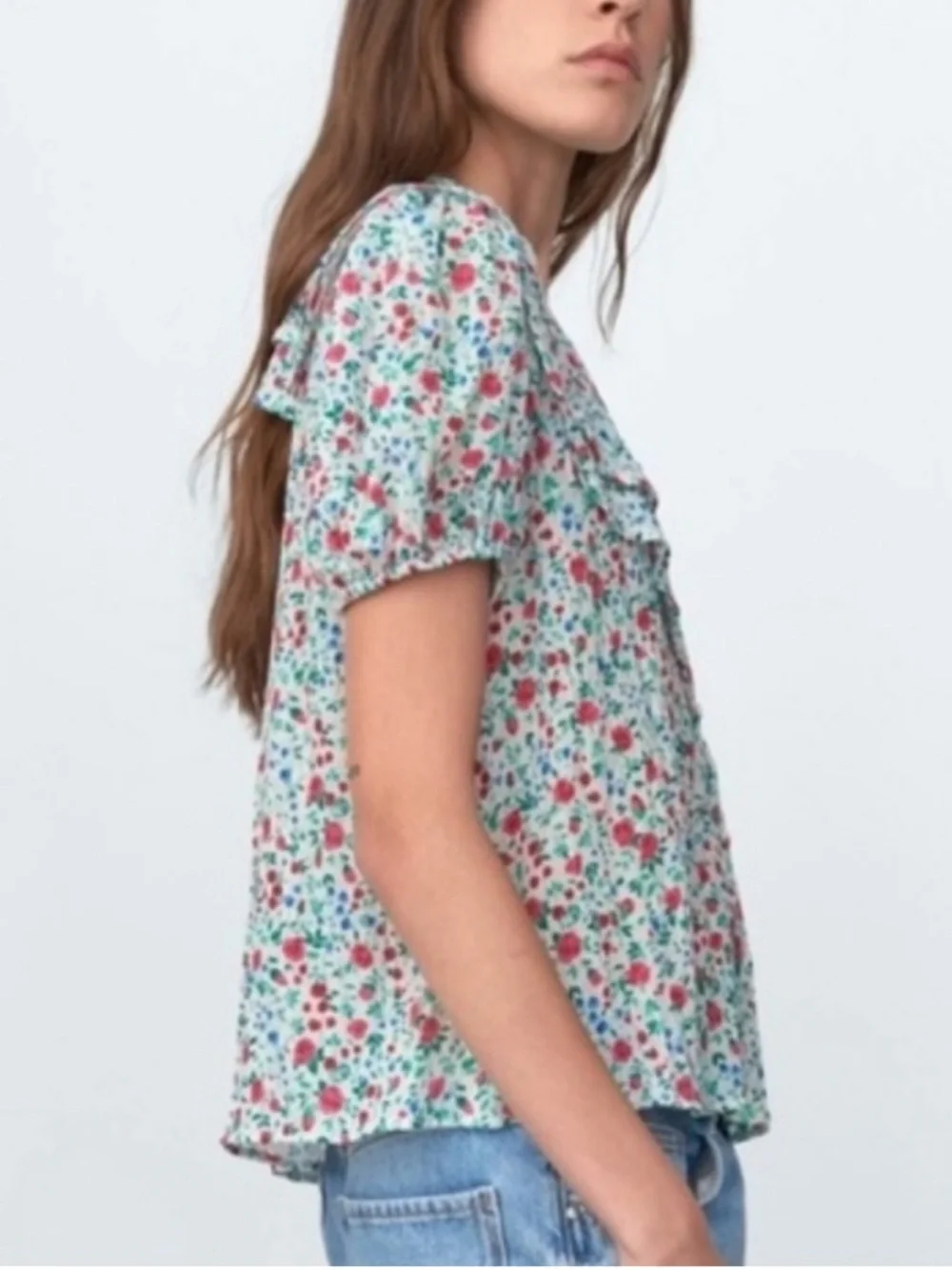Zara floral print button down puff sleeve top blouse